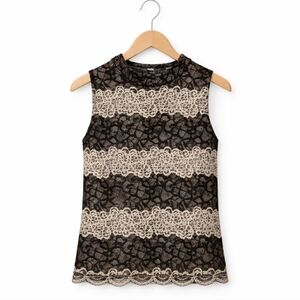Kensie Black And Cream Lace Sleeveless Mock Neck Top Sz Lg